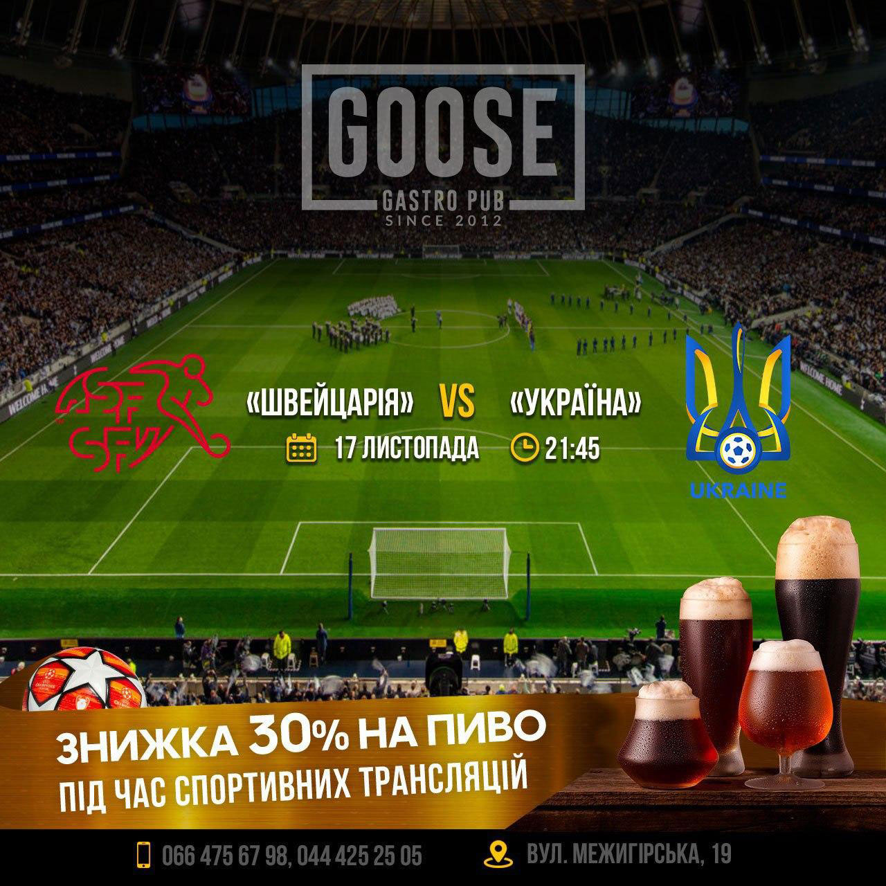 Швейцарія - Україна подивитись футбол у пабі. Паб на Подолі у Києві Goose Gastro Pub