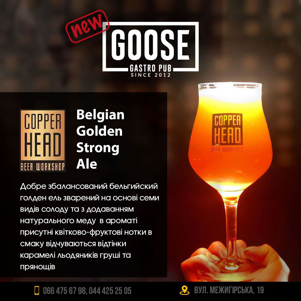 Випити нове пиво Cooper Head Belgian Golden Strong Ale в пабі. Паб на Подолі у Києві Goose Gastro Pub