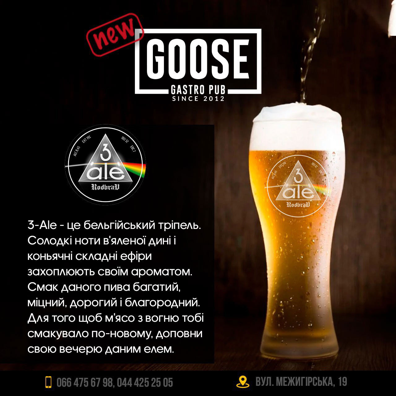 Випити нове пиво Rodbrau 3 Ale в пабі. Паб на Подолі у Києві Goose Gastro Pub