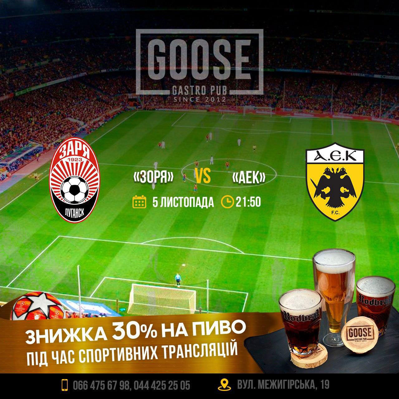 Зоря - АЕК подивитись футбол у пабі. Паб на Подолі у Києві Goose Gastro Pub