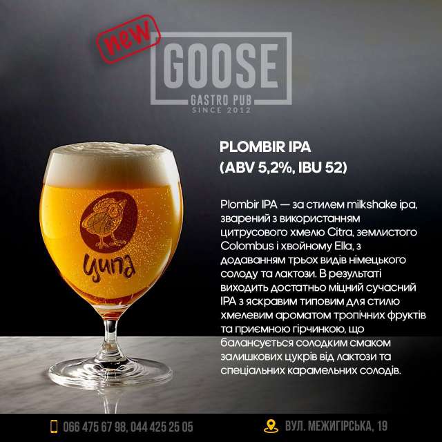 Випити нове пиво Ципа Plombir IPA в пабі. Паб на Подолі у Києві Goose Gastro Pub