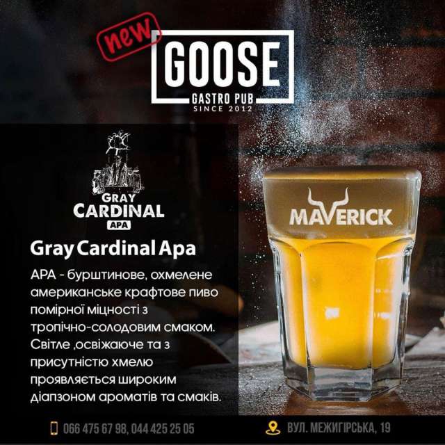 Выпить новое пиво Gray Cardinal Apa в пабе. Паб на Подоле в Киеве Goose Gastro Pub