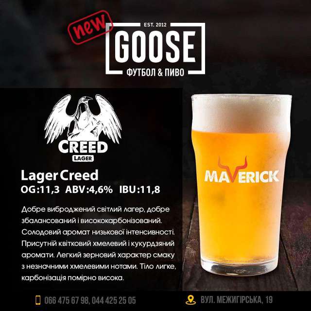 Выпить новое пиво Maverick Lager Creed в пабе. Паб на Подоле в Киеве Goose Gastro Pub